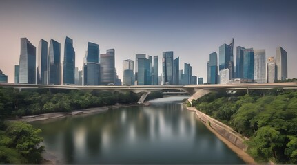 Symmetrical Overpass Going Over a River in Singapore. generative.ai