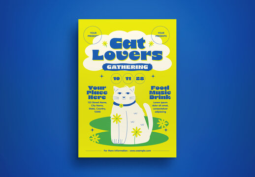 Yellow Flat Design Cat Lovers Gathering Flyer Layout