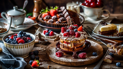 A beautifully arranged breakfast spread on a rustic wooden table