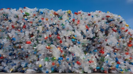 Stack of plastic bottles for recycling against blue sky. generative.ai