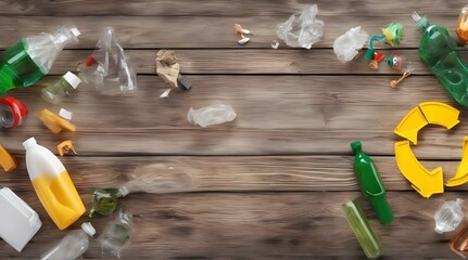 Recycling symbol and different garbage on wooden background, top view created with Generative AI technology. generative.ai
