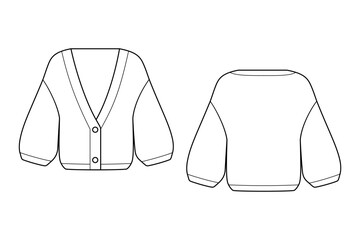 Cardigan vector template isolated on a transparent. Female model. Front and back view. Outline fashion technical sketch of clothes model.