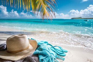 Beach accessories straw hat, towel on sunny tropical Caribbean beach with palm trees and turquoise water, caribbean island vacation, hot summer day