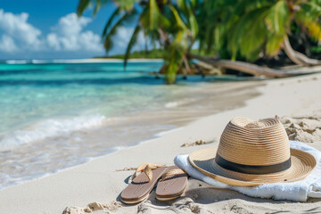 Beach accessories straw hat, towel on sunny tropical Caribbean beach with palm trees and turquoise water, caribbean island vacation, hot summer day
