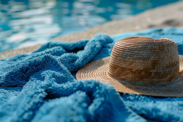 Blue towel with hat and summer beach