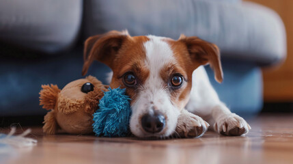 Cute funny dog with toy lying on floor