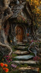 Obraz premium Enchanted forest cottage amongst autumn trees