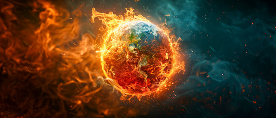 Earth globe ablaze intense flames wrapping around