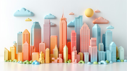 Fototapeta premium City square and skyline with modern buildings scenery. Futuristic isometric 3d cityscape. Futuristic city. 3D City on White Background. A beautiful utopian city floating in the sky. city view. 