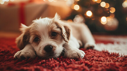 Cute puppy at home on Christmas eve