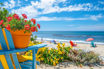 Colorful beach umbrellas against a blue cloudy sky