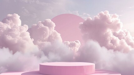 pink and white cloudscape with a circular platform in the foreground