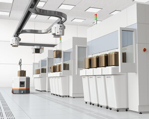Semiconduct Wafer Cleaning, Etching system and OHT, AGV in Fab cleanroom. Generic design. 3D rendering image.
