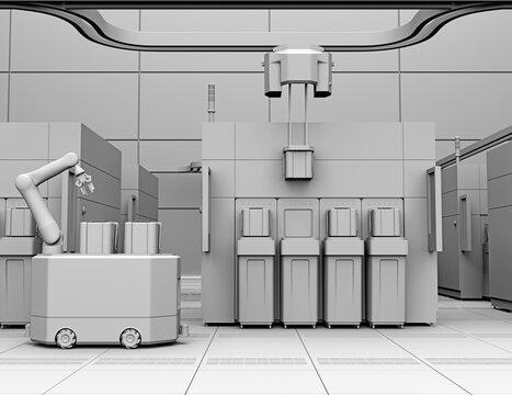 Clay rendering of Semiconduct Wafer Cleaning, Etching system and OHT, AGV in Fab cleanroom. Generic design. 3D rendering image.