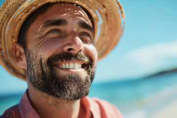 joyful man at beach in summer 
