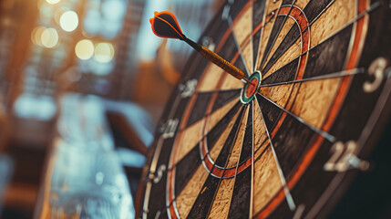 Dartboard with hit bullseye on table closeup - Powered by Adobe