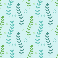 Underwater seaweed seamless pattern. Vector illustration isolated on blue background. Algae and bubble.