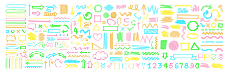 Hand-drawn marker highlighters, underline, lines, round, arrows, punctuation marks, tick marks and sketch