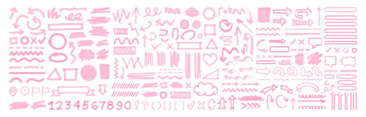 Hand drawn marker strokes. Pink marker stroke lines, markers stripes and highlight elements, permanent marker signs