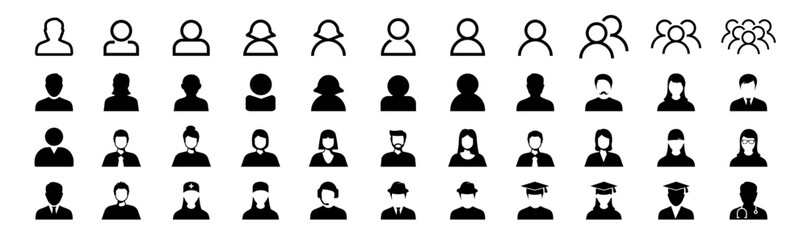 People icon set. Containing group, family, human, team, community, friends. people characters various. Woman and man face line icons.