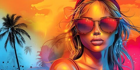 Blonde model wearing unique sunglasses with pop art style palm tree background. Concept Blonde...
