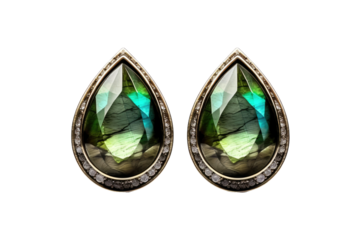Enchanted Forest Elegance: Green and Blue Stone Earrings on White or PNG Transparent Background.
