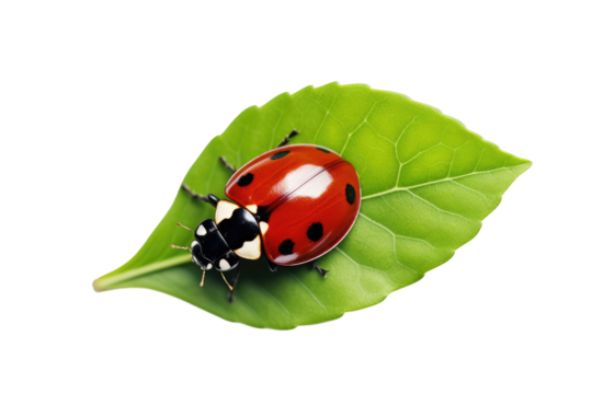 The Enchanted Ladybug Atop the Emerald Leaf on White or PNG Transparent Background.