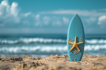 Summer theme with starfish and surfboard