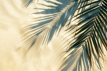 top view of tropical palm leaf shadow on sand color background