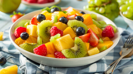 Delicious fruit salad in bowl on colorful napkin