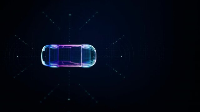 Advanced holographic motion graphics vividly depict an autonomous vehicle endowed with self-awareness and extensive environmental sensing capabilities, enabling it to operate autonomously.