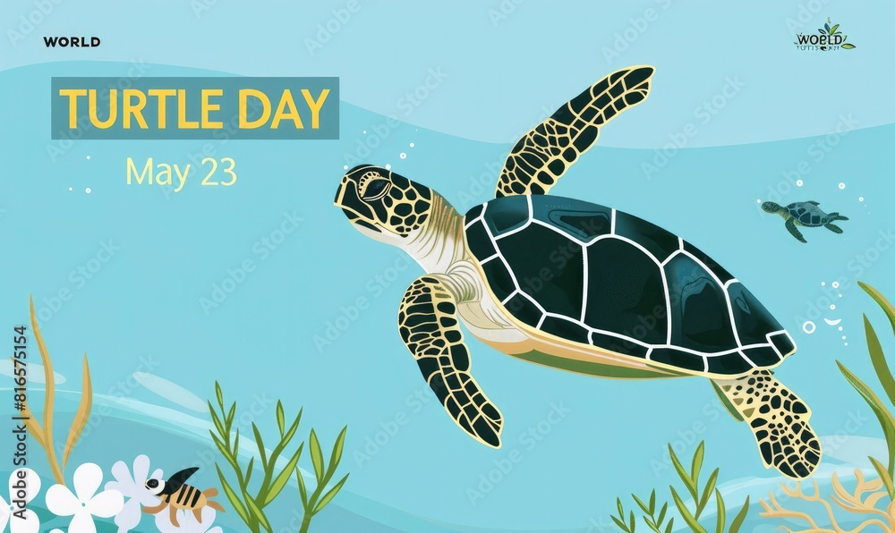 Wall mural world turtle day, may 23 banner template with text world turtle day may 23