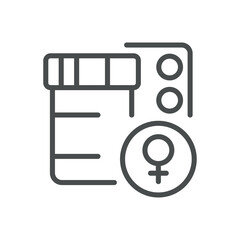 Women Hormonal Therapy Icon. Vector Illustration of Medication Bottle with Female Symbol, Representing Hormone Replacement Therapy. Isolated Outline Medical Sign.