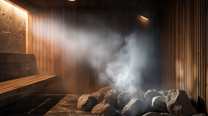 A sauna room with steam billowing from hot rocks