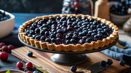 Dessert stand with tasty bilberry pie on table