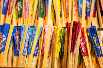 Mulberry paper umbrella that are hung over the road to decorate on the background of the bright sky...