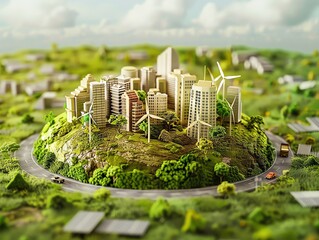 A miniature city surrounded by a lush green landscape. The city is filled with skyscrapers, wind turbines, and solar panels, and is surrounded by a ring road.
