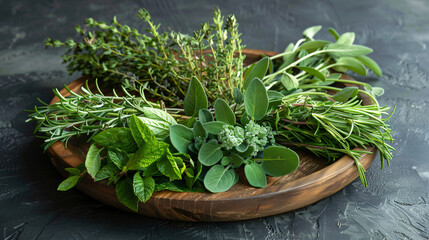 Different fresh herbs on wooden plate