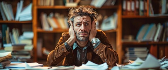 Overwhelmed Professional: Stressed Man Sitting at Messy Desk Filled with Papers