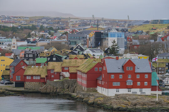 Romantic backstreet, side street and alleys in historic old town of Thorshavn, Faroe Islands with historic norge architecture facades, a landmark sightseeing tourist spot in downtown harbor Islands