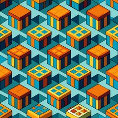 Seamless pattern of geometric cubes and rectangles in a three-dimensional layout, adding depth and dimension to your gift wrap, Generative AI
