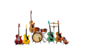 Harmonious Gathering: A Melody of Guitars on White or PNG Transparent Background.