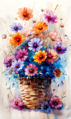 Bouquet of colorful flowers in basket. Watercolor painting.