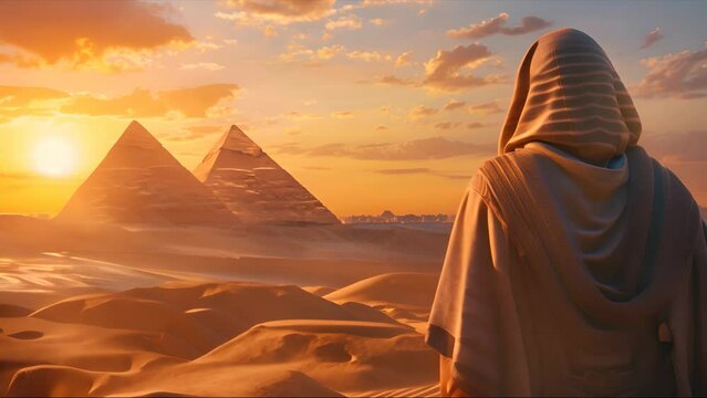 Pharaoh looks at the Landscape with ancient Egyptian pyramids, a beautiful sky