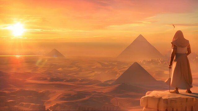 Pharaoh looks at the Landscape with ancient Egyptian pyramids, a beautiful sky
