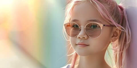 Portrait of young Asian girl with pink hair and sunglasses against colorful wall. Concept Outdoor...