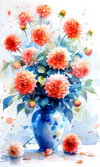 Watercolor painting of a bouquet of dahlias in a vase.