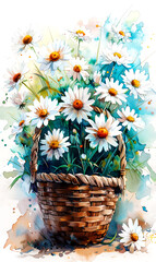 Basket with chamomile flowers on abstract watercolor background.