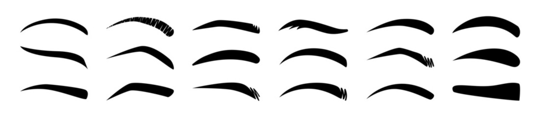 Classic eyebrows, brow makeup shaping vector illustration set. Cartoon eyebrows shapes, thin, thick and curved eyebrows.