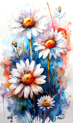 Watercolor painting of daisies on white background.